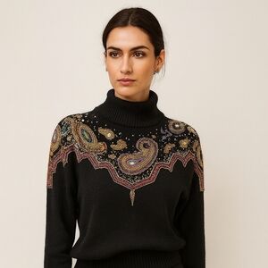 VINTAGE HAND BEADED SILK AGORA BLEND SWEATER, Black/Gold Multi, Women's Small
